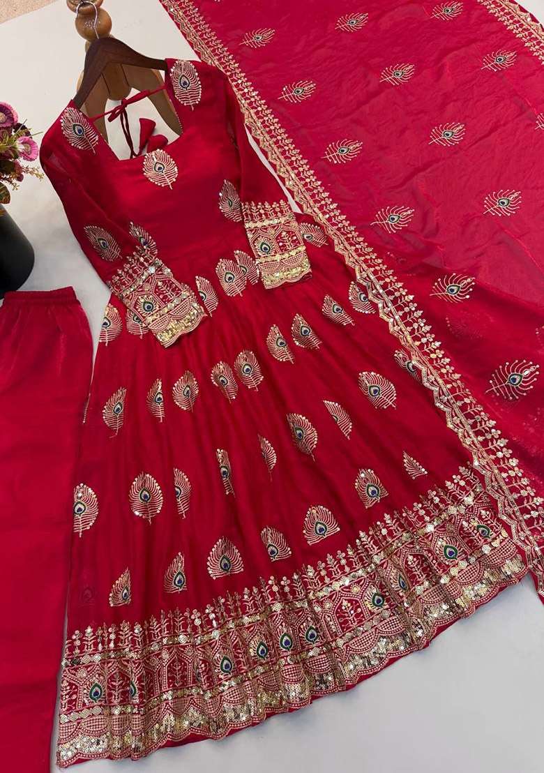 Red Sequin Work Silk Anarkali Set - Indya
