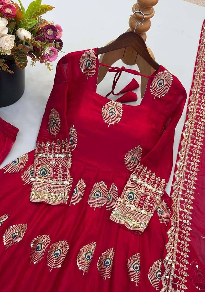 Red Sequin Work Silk Anarkali Set - Indya