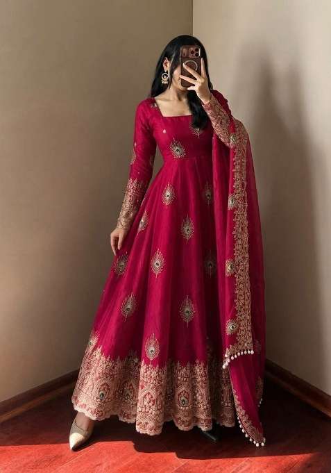 Red Sequin Work Silk Anarkali Set