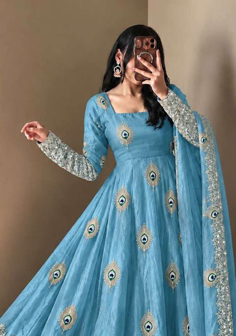 Sky Sequin Work Silk Anarkali Set - Indya