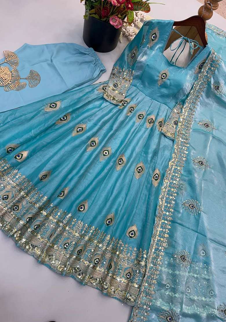 Sky Sequin Work Silk Anarkali Set - Indya