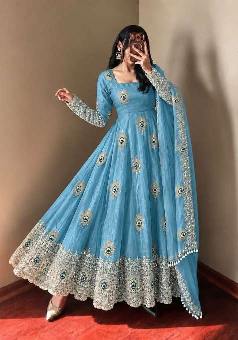 Sky Sequin Work Silk Anarkali Set