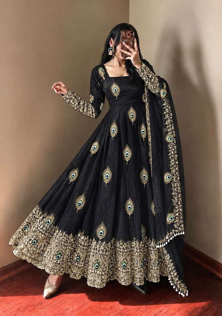 Black Sequin Work Silk Anarkali Set - Indya
