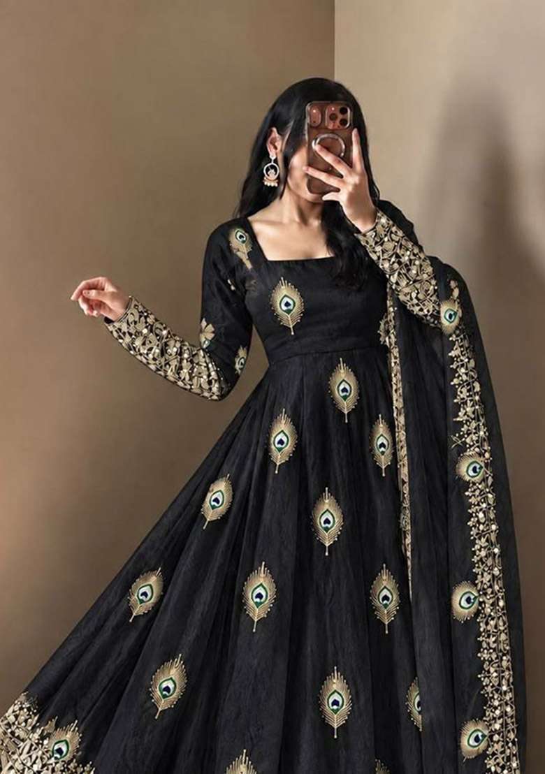 Black Sequin Work Silk Anarkali Set - Indya