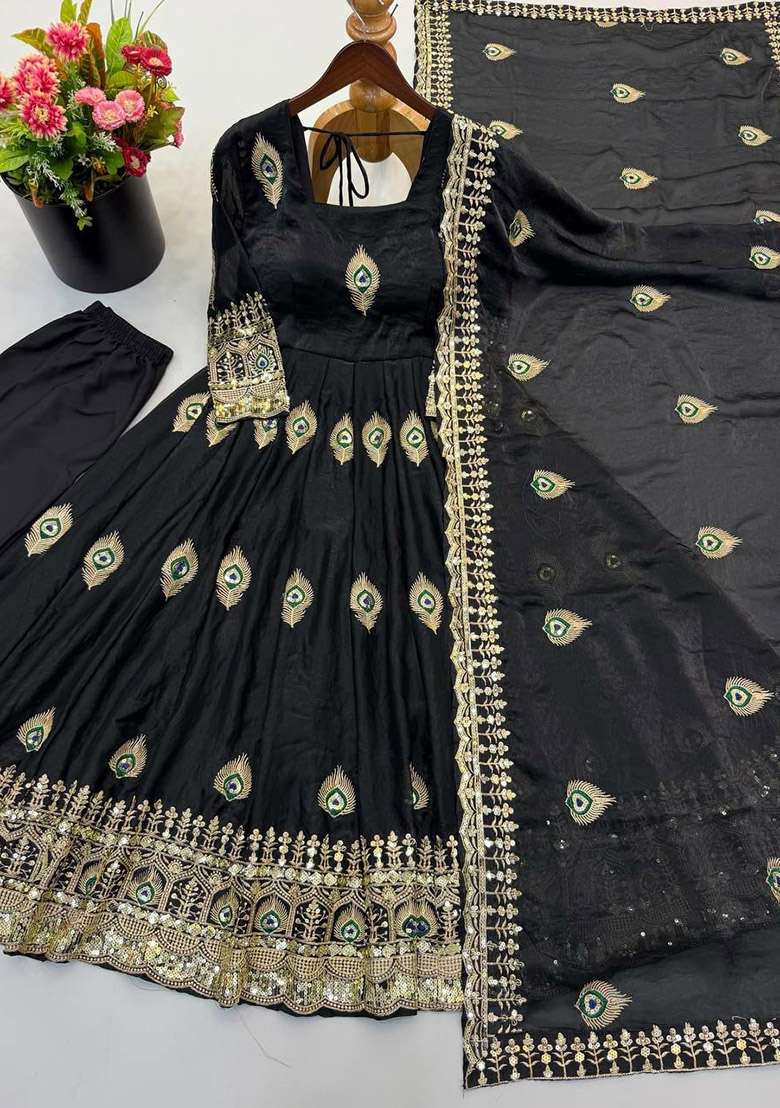 Black Sequin Work Silk Anarkali Set - Indya