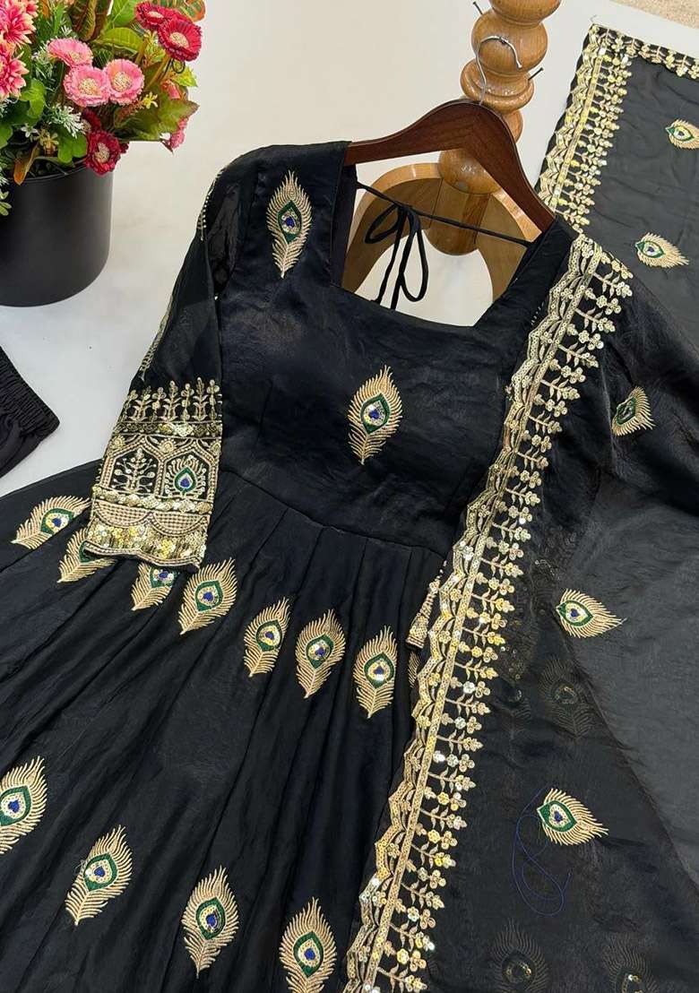 Black Sequin Work Silk Anarkali Set - Indya