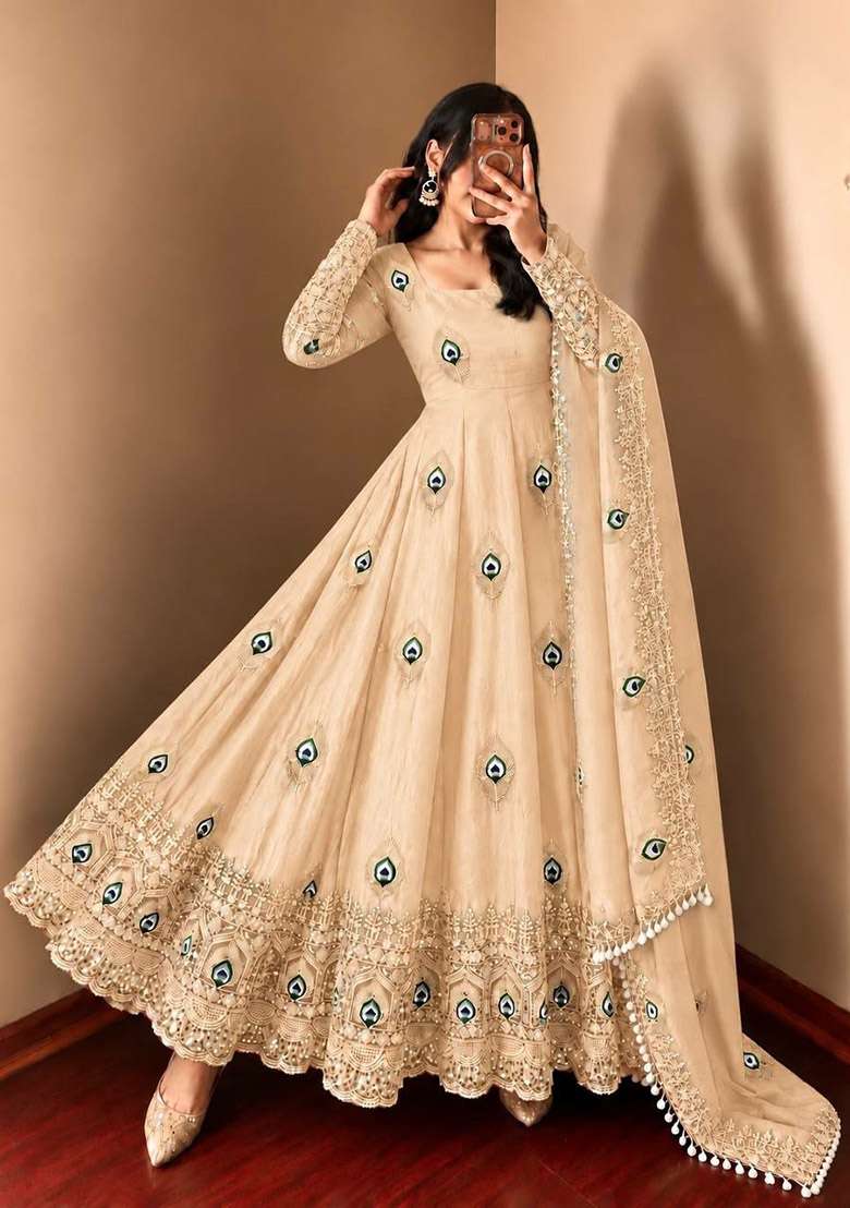 Cream Sequin Work Silk Anarkali Set - Indya