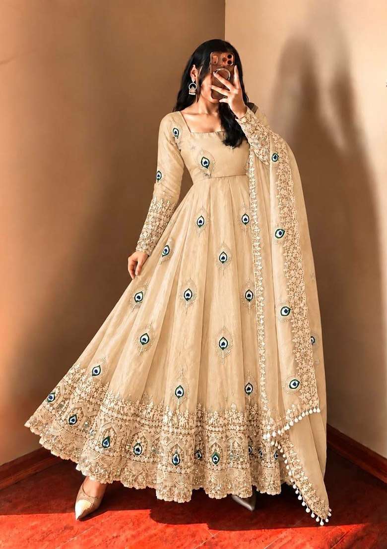 Cream Sequin Work Silk Anarkali Set - Indya