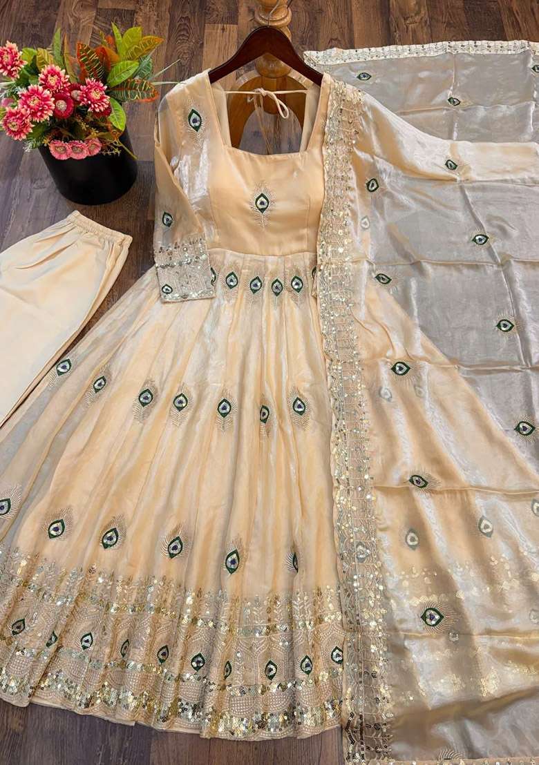 Cream Sequin Work Silk Anarkali Set - Indya