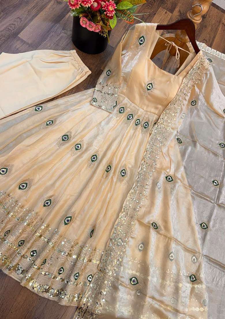 Cream Sequin Work Silk Anarkali Set - Indya