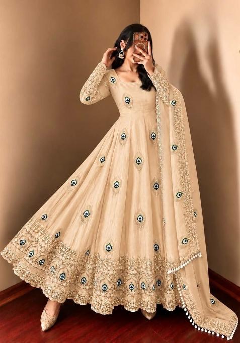 Cream Sequin Work Silk Anarkali Set