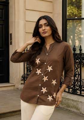 Brown Printed Cotton Kurta