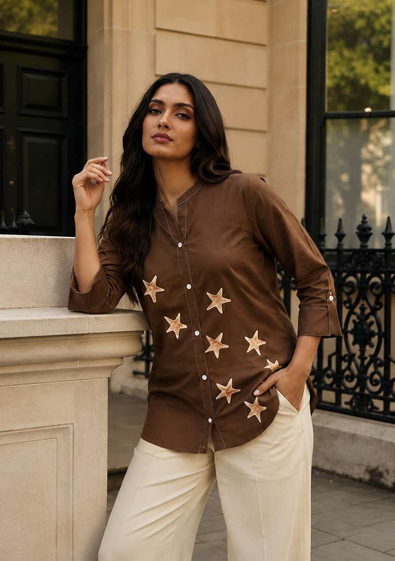 Brown Printed Cotton Kurta - Indya