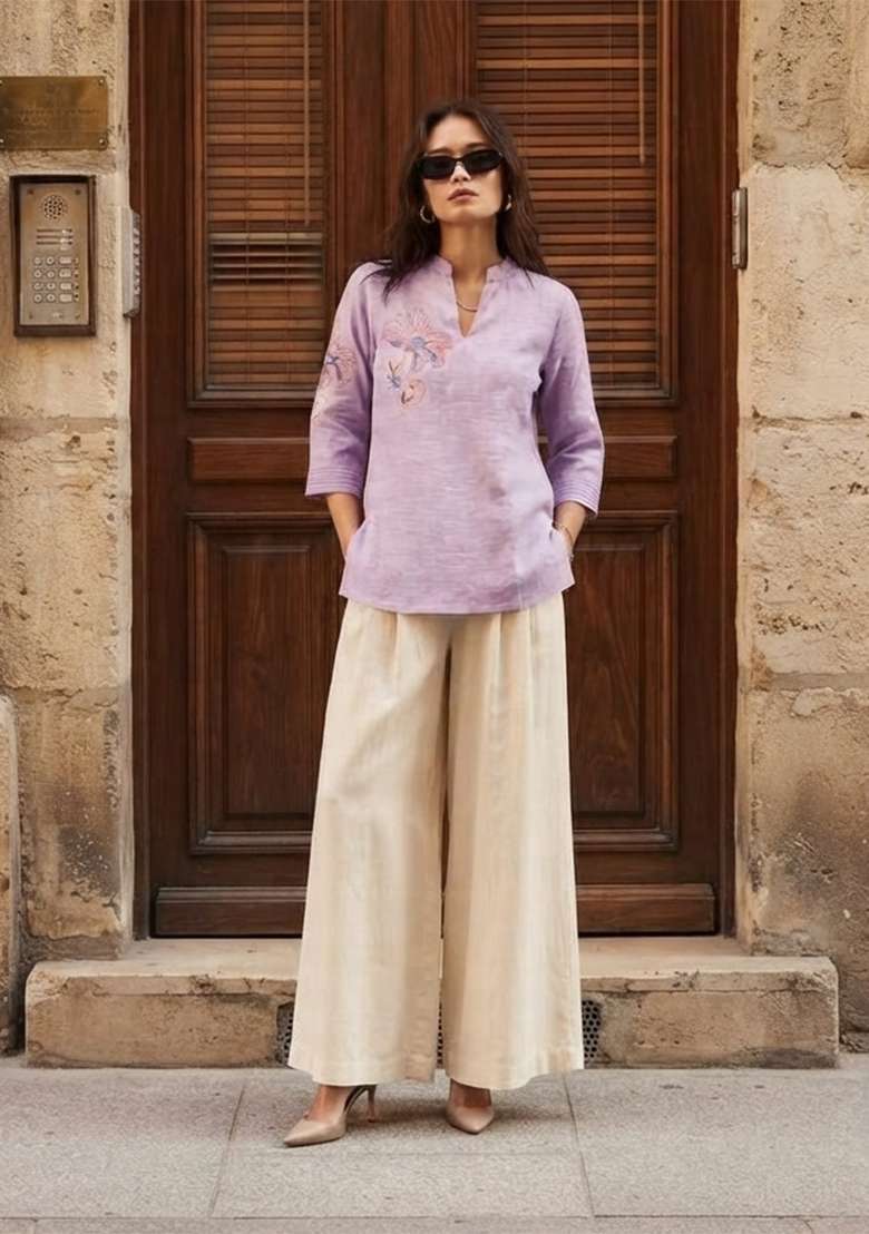 Lavender Embroidery Cotton Kurta - Indya