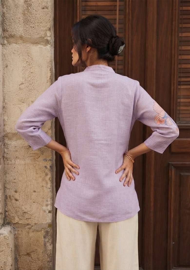Lavender Embroidery Cotton Kurta - Indya
