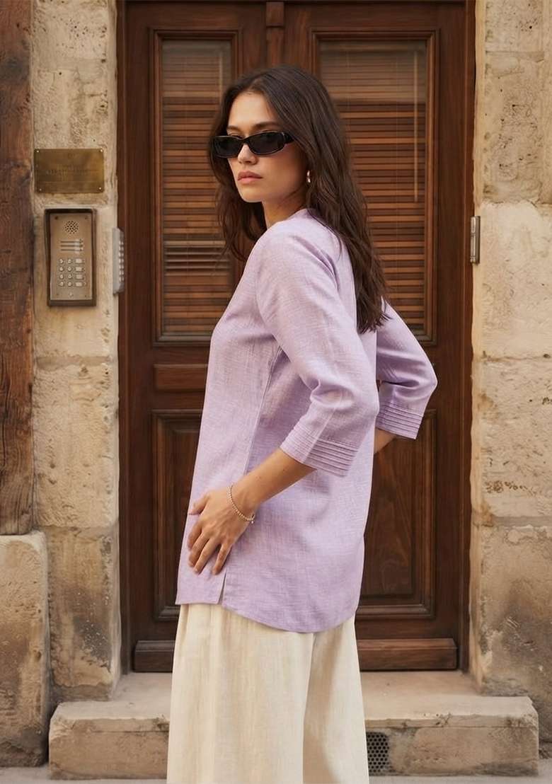 Lavender Embroidery Cotton Kurta - Indya