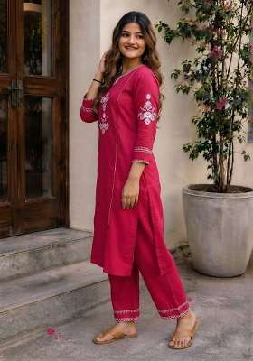 Pink Embroidery Cotton Kurta Set