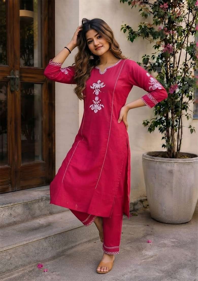 Pink Embroidery Cotton Kurta Set - Indya