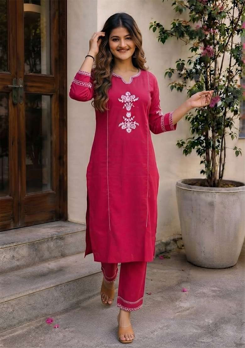 Pink Embroidery Cotton Kurta Set - Indya