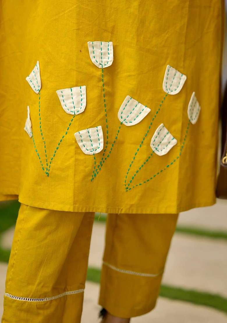 Yellow Printed Cotton Kurta Set - Indya