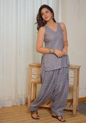 Grey Printed Cotton Kurta Set
