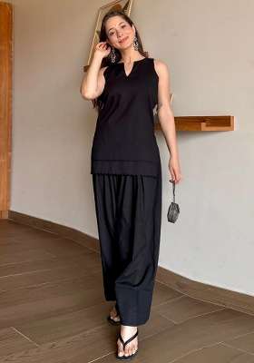 Black Printed Cotton Kurta Set