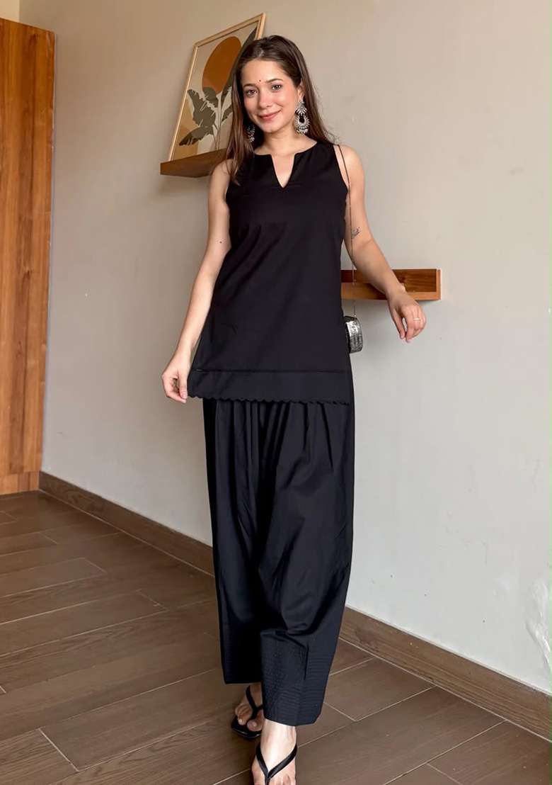 Black Printed Cotton Kurta Set - Indya