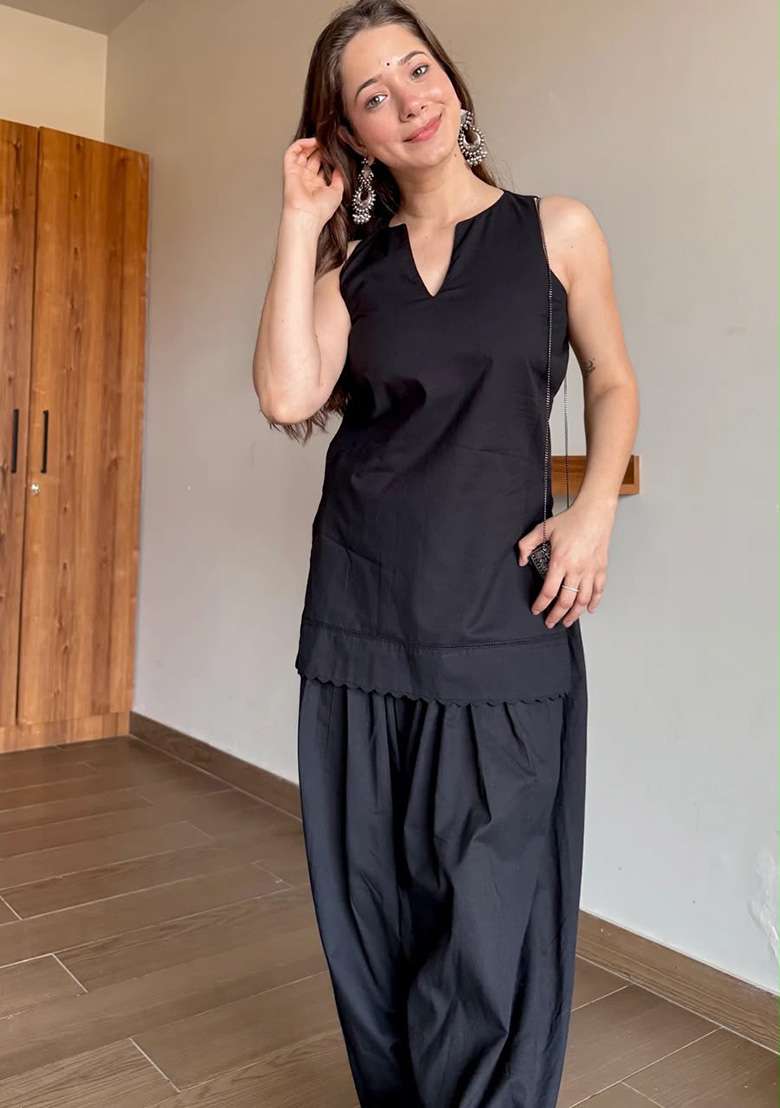 Black Printed Cotton Kurta Set - Indya
