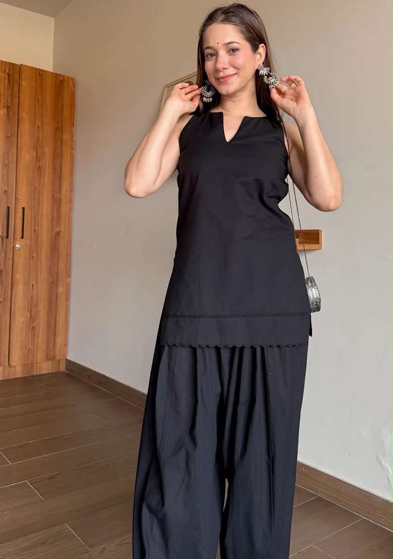 Black Printed Cotton Kurta Set - Indya