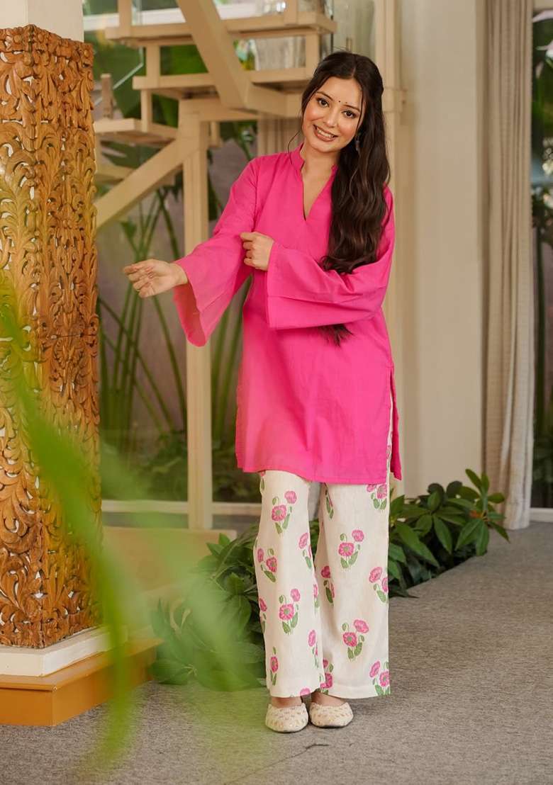 Pink Printed Cotton Kurta Set - Indya