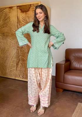 Sea Green Printed Cotton Kurta Set