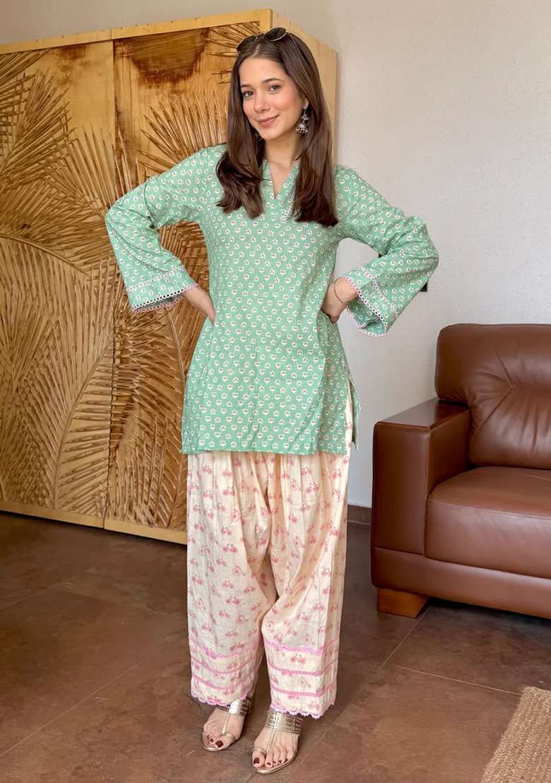 Sea Green Printed Cotton Kurta Set - Indya