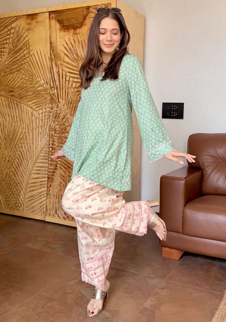 Sea Green Printed Cotton Kurta Set - Indya