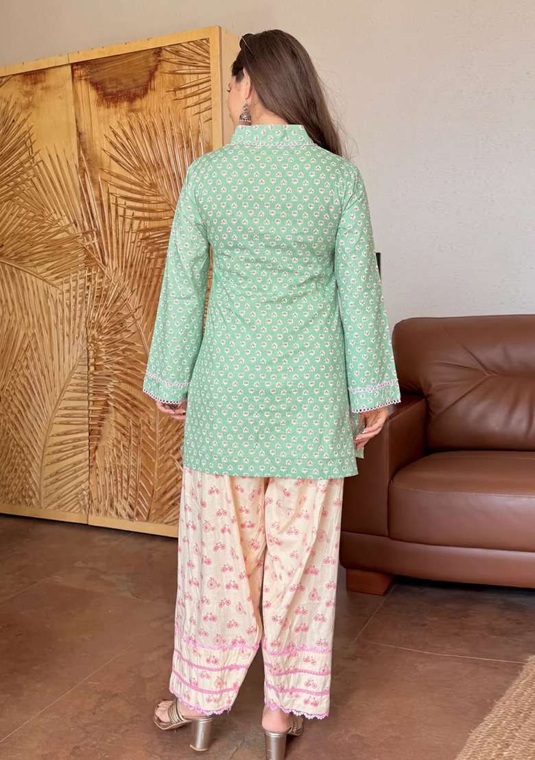 Sea Green Printed Cotton Kurta Set - Indya
