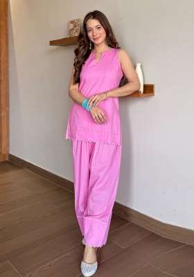Pink Printed Cotton Kurta Set