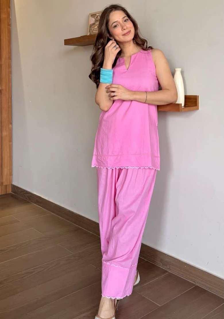 Pink Printed Cotton Kurta Set - Indya