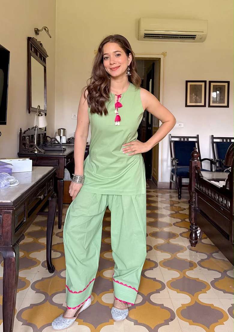 Sea Green Printed Cotton Kurta Set - Indya