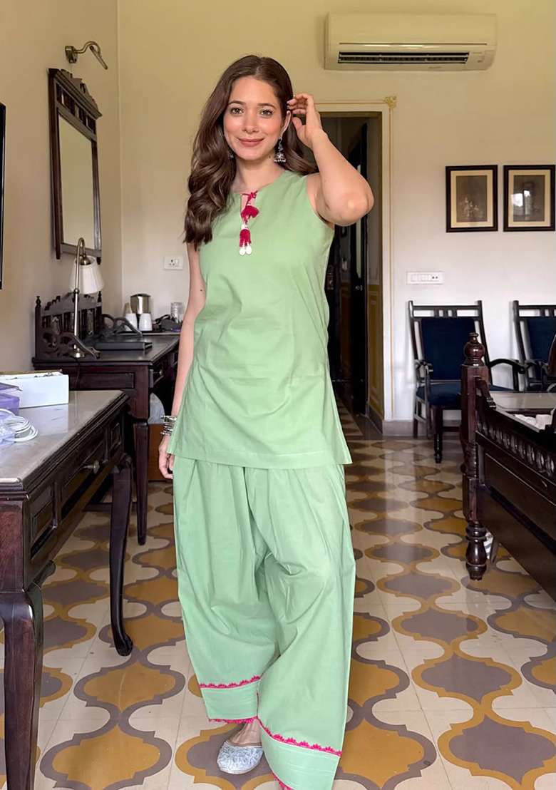 Sea Green Printed Cotton Kurta Set - Indya