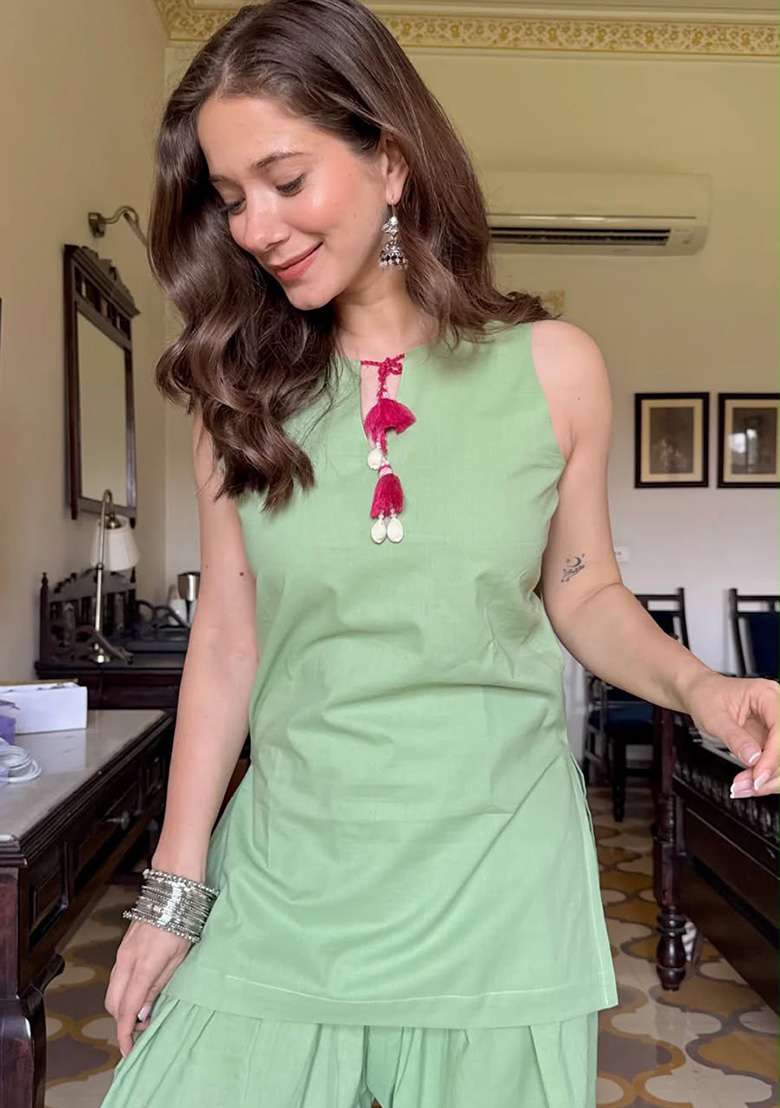 Sea Green Printed Cotton Kurta Set - Indya