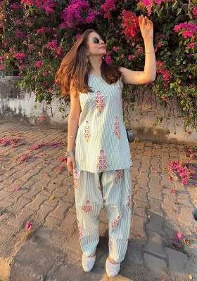 Sea Green Printed Cotton Kurta Set