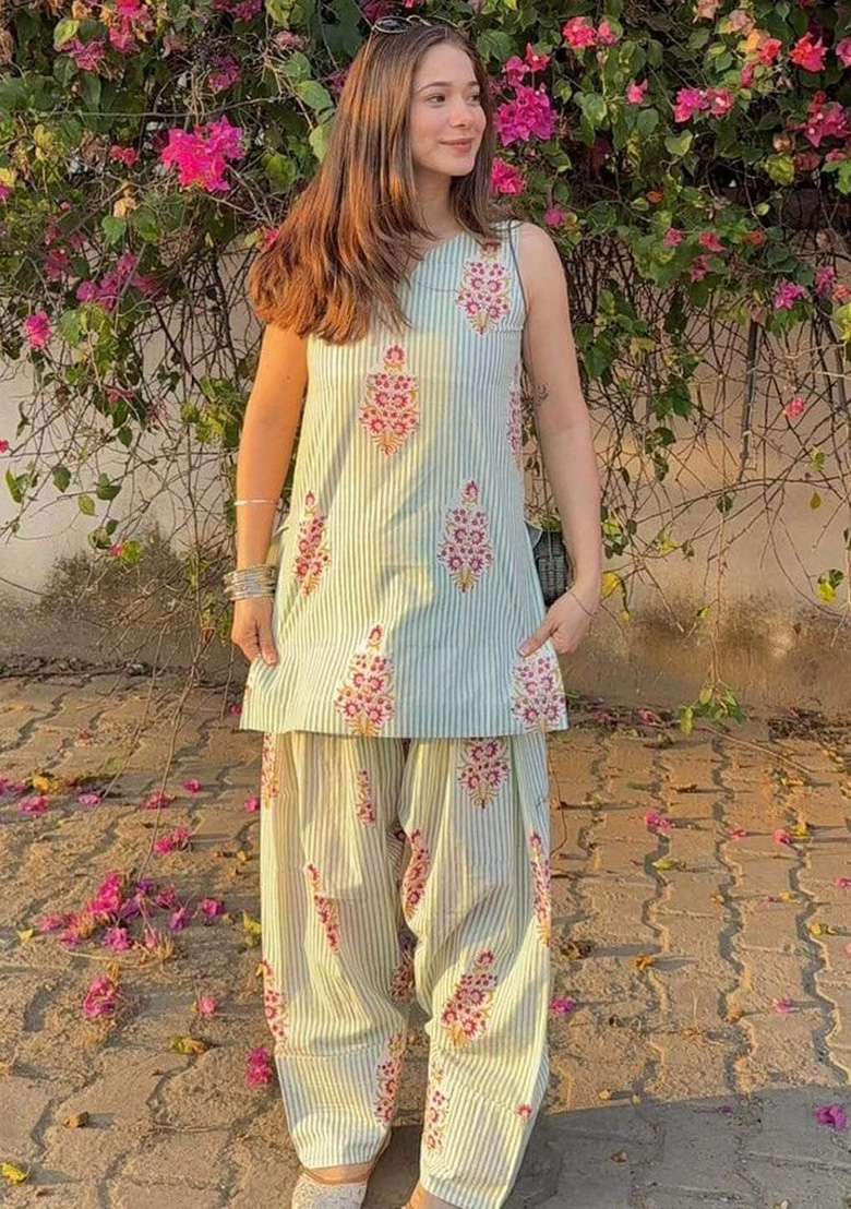 Sea Green Printed Cotton Kurta Set - Indya