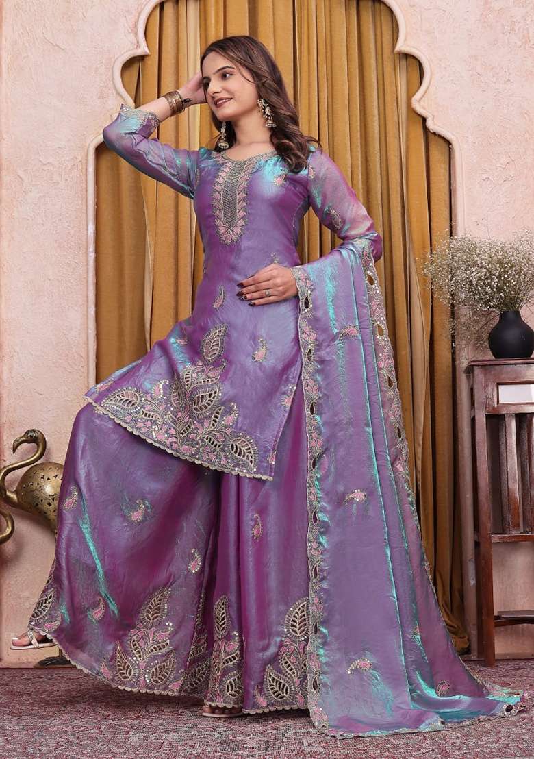 Lavender Embroidery Silk Sharara Set - Indya