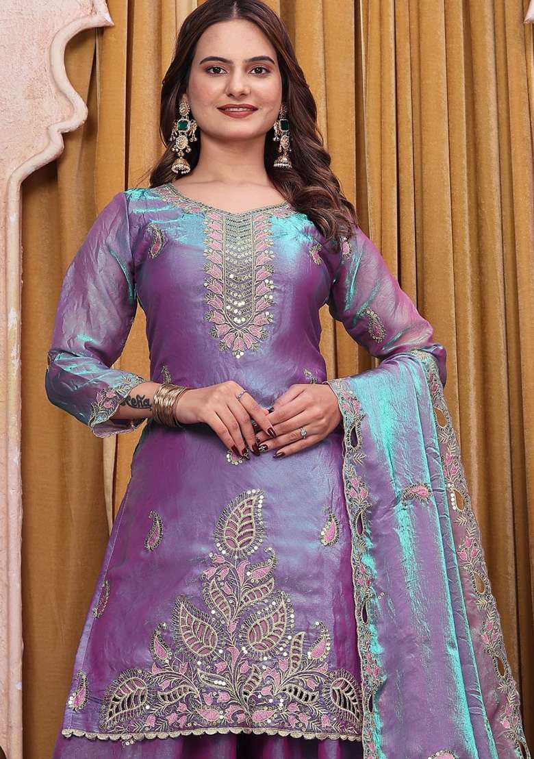 Lavender Embroidery Silk Sharara Set - Indya