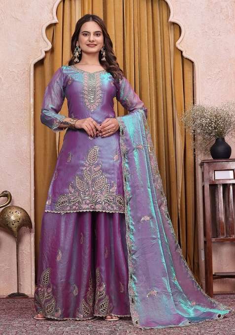 Lavender Embroidery Silk Sharara Set