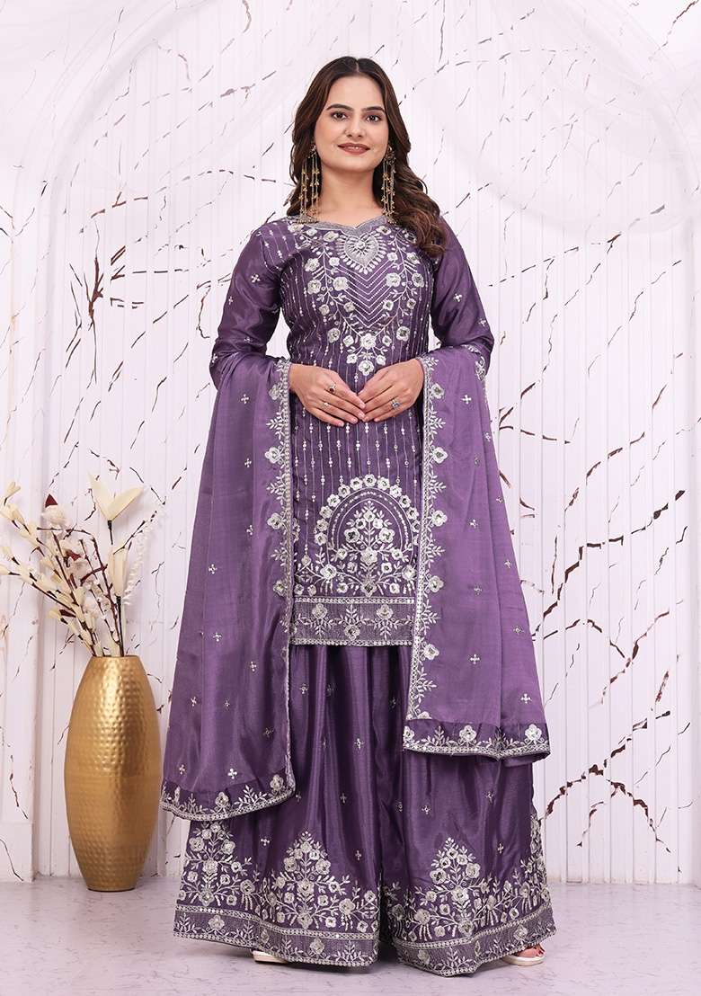 Purple Embroidery Silk Sharara Set - Indya
