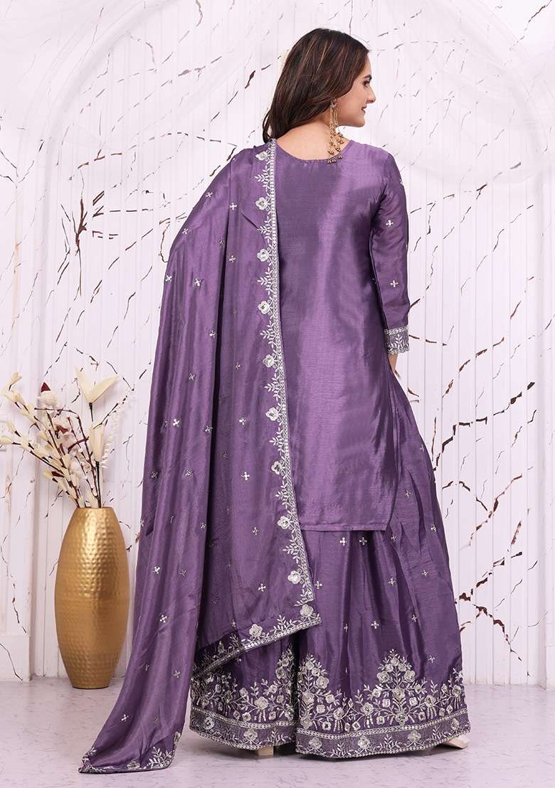 Purple Embroidery Silk Sharara Set - Indya