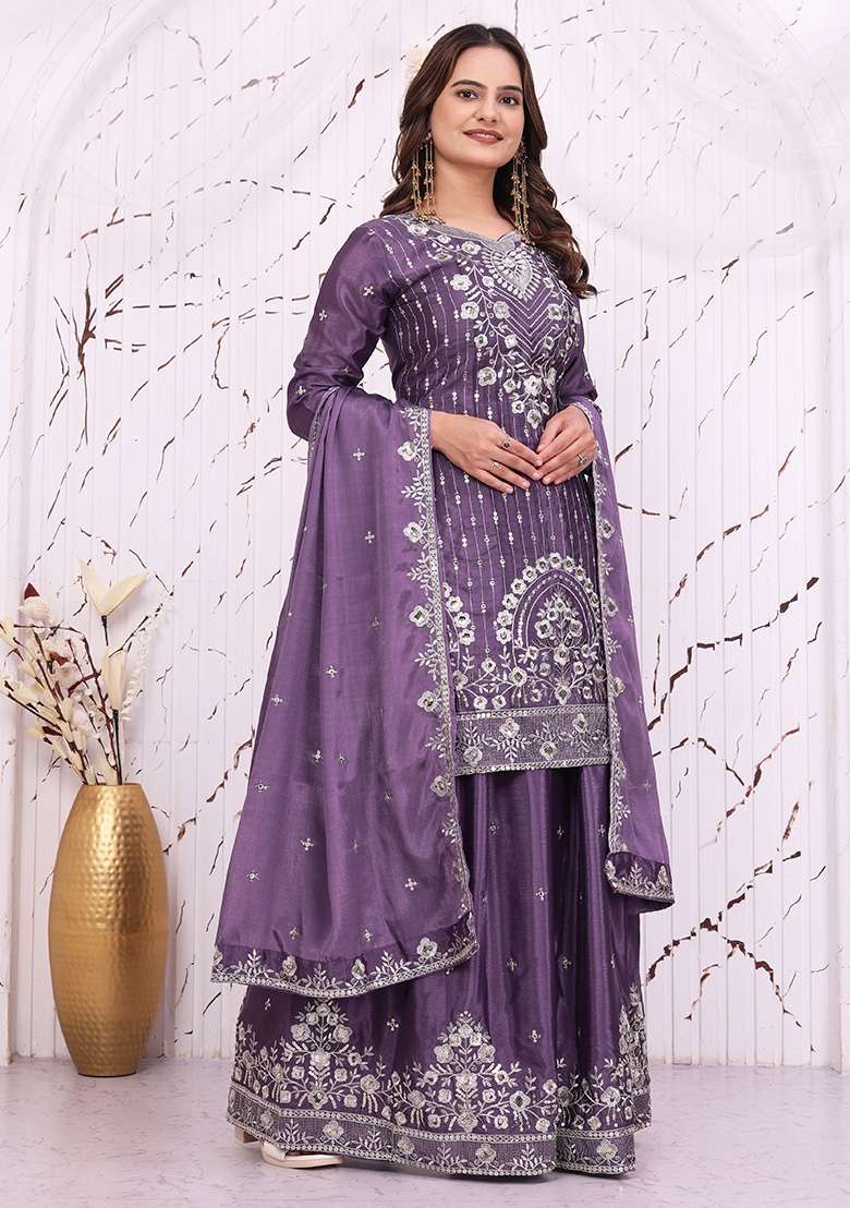 Purple Embroidery Silk Sharara Set - Indya