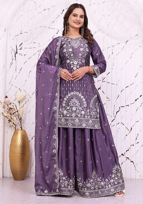 Purple Embroidery Silk Sharara Set