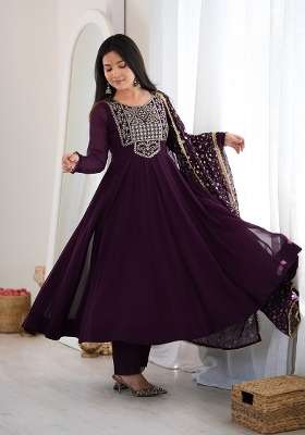 Wine Embroidery Georgette Kurta Set