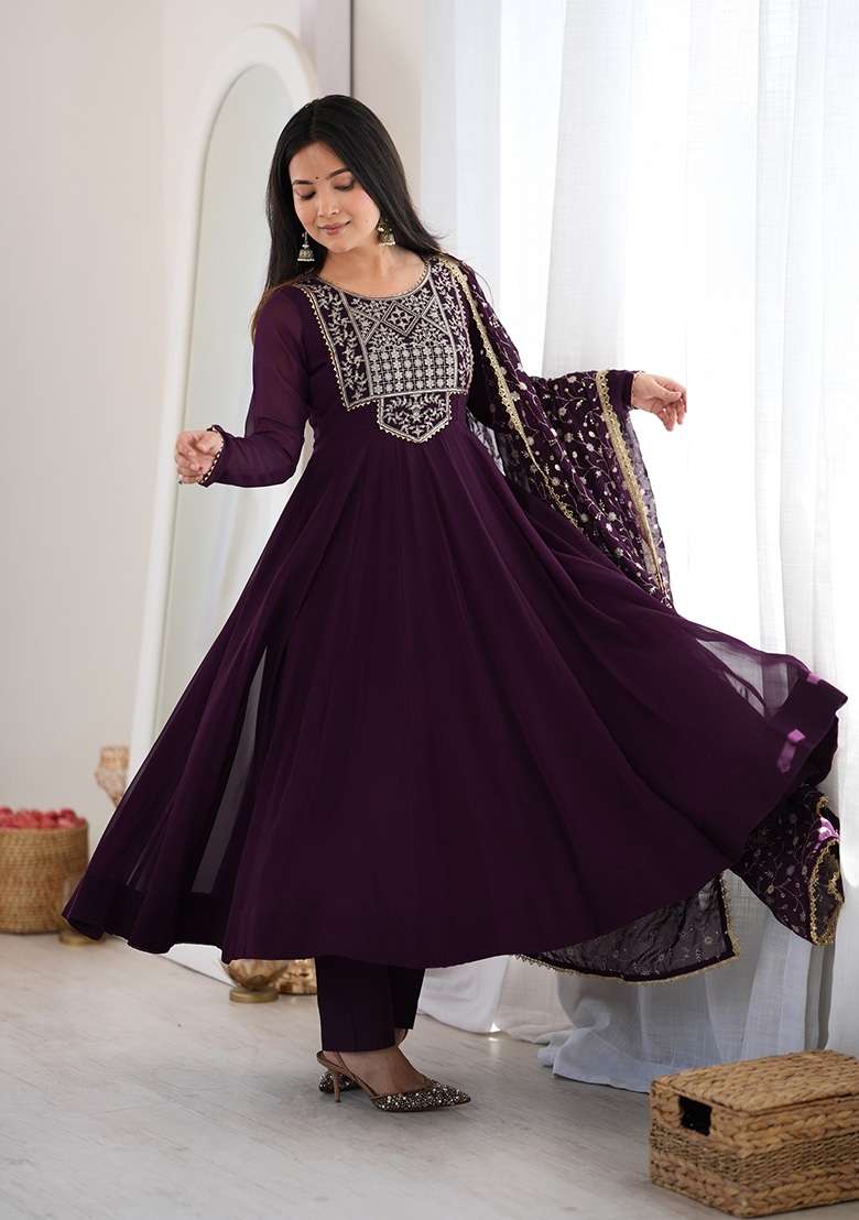 Wine Embroidery Georgette Kurta Set - Indya